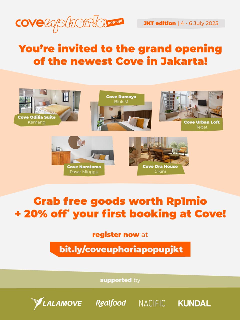 Poster promosi acara Coveuphoria Pop-up: JKT Edition, open house untuk memperkenalkan properti co-living baru dari Cove.